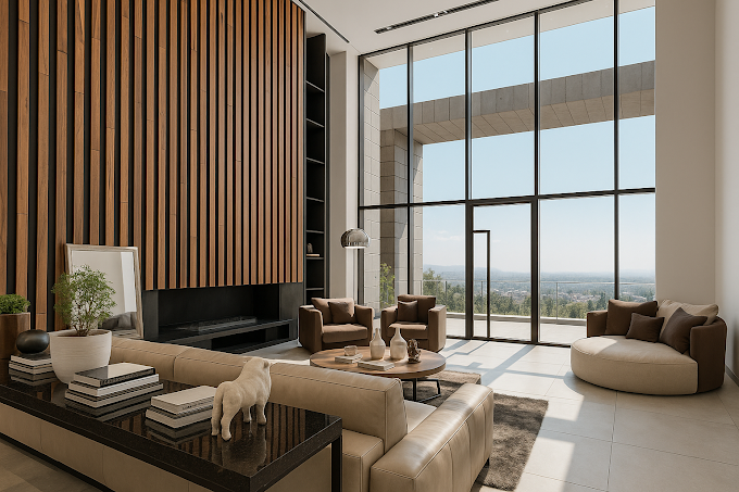 Sala contemporánea con lambrín de madera diseñado por MauLich Interiorismo